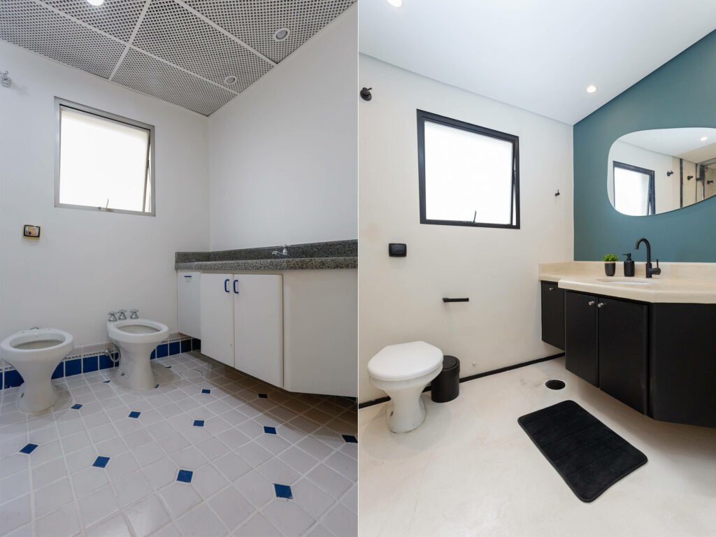 Antes e depois da reforma de banheiro com microcimento no piso e parede e também nova bancada