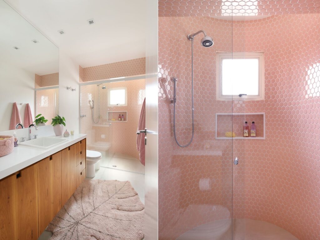 banheiro parede curva rosa tapete formato folha
