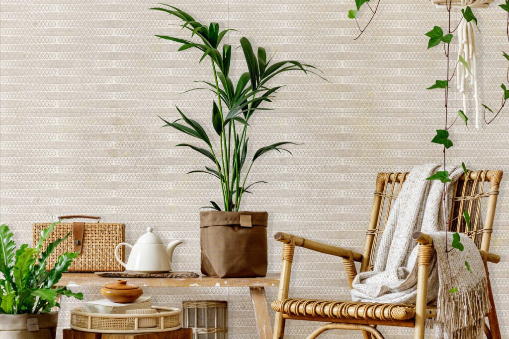 sala parede ceramica macrame vasos plantas cadeira bambu