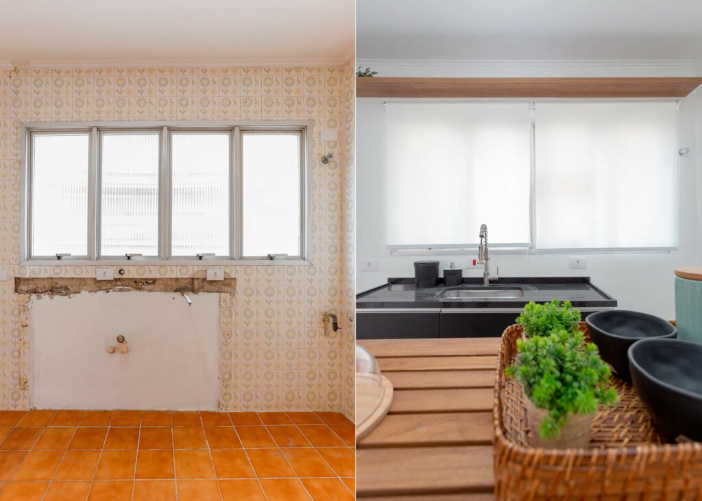 Antes e depois da cozinha mostra um ambiente novo com massa nas paredes, mesa de madeira e gabinete preto