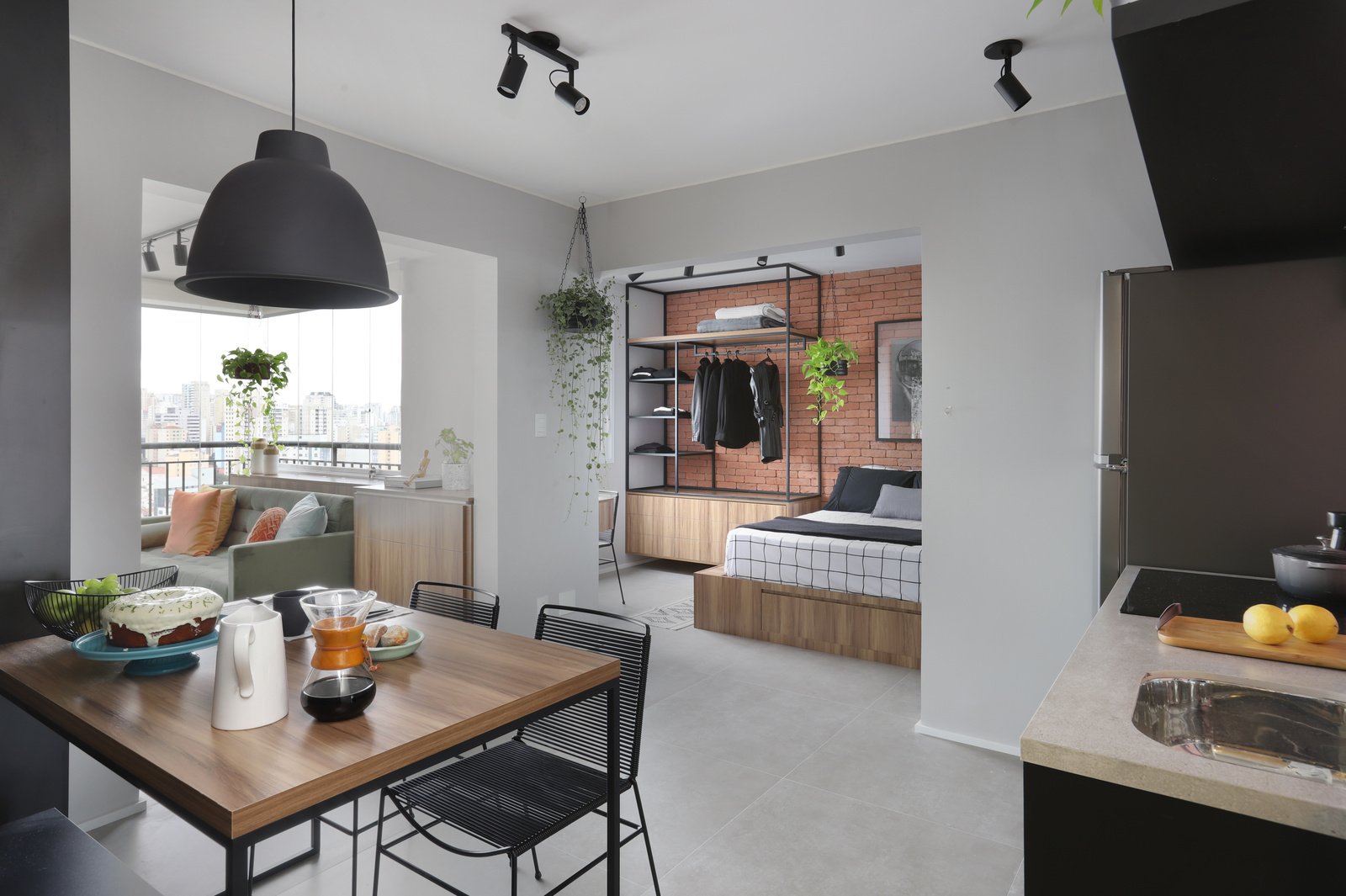 apartamento integrado sala varanda cozinha estilo industrial