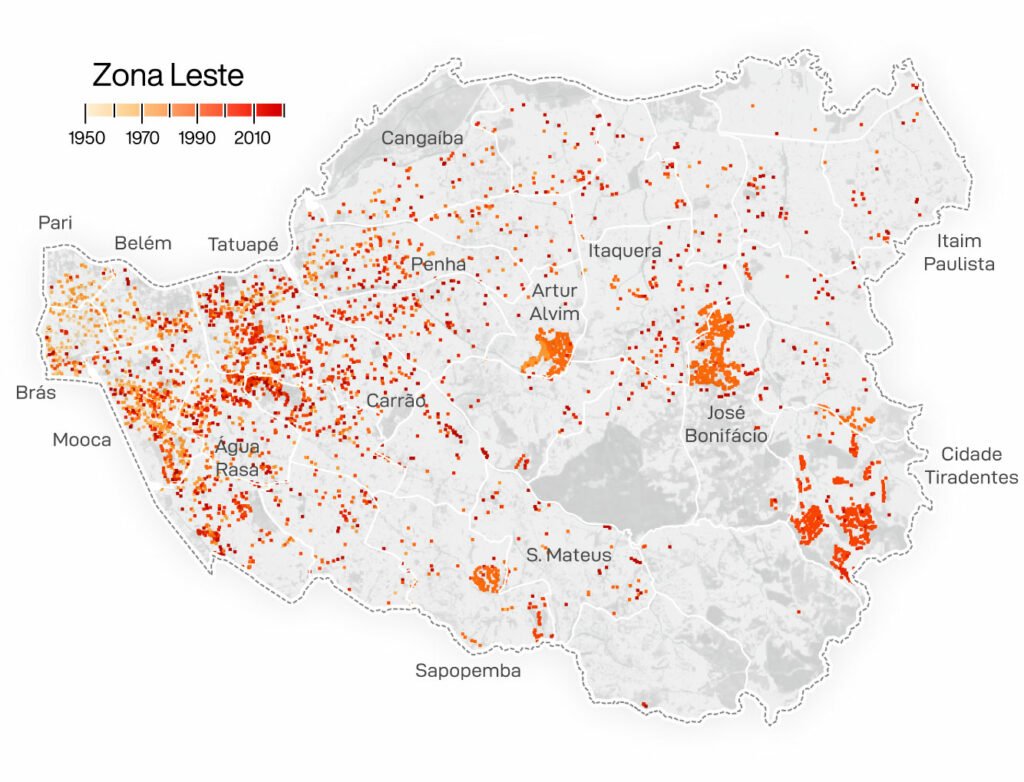 Mapa com ano de construcao dos predios na zona leste de Sao Paulo