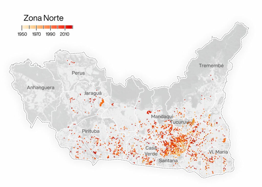 Mapa com o ano de construcao dos predios na zona norte de Sao Paulo