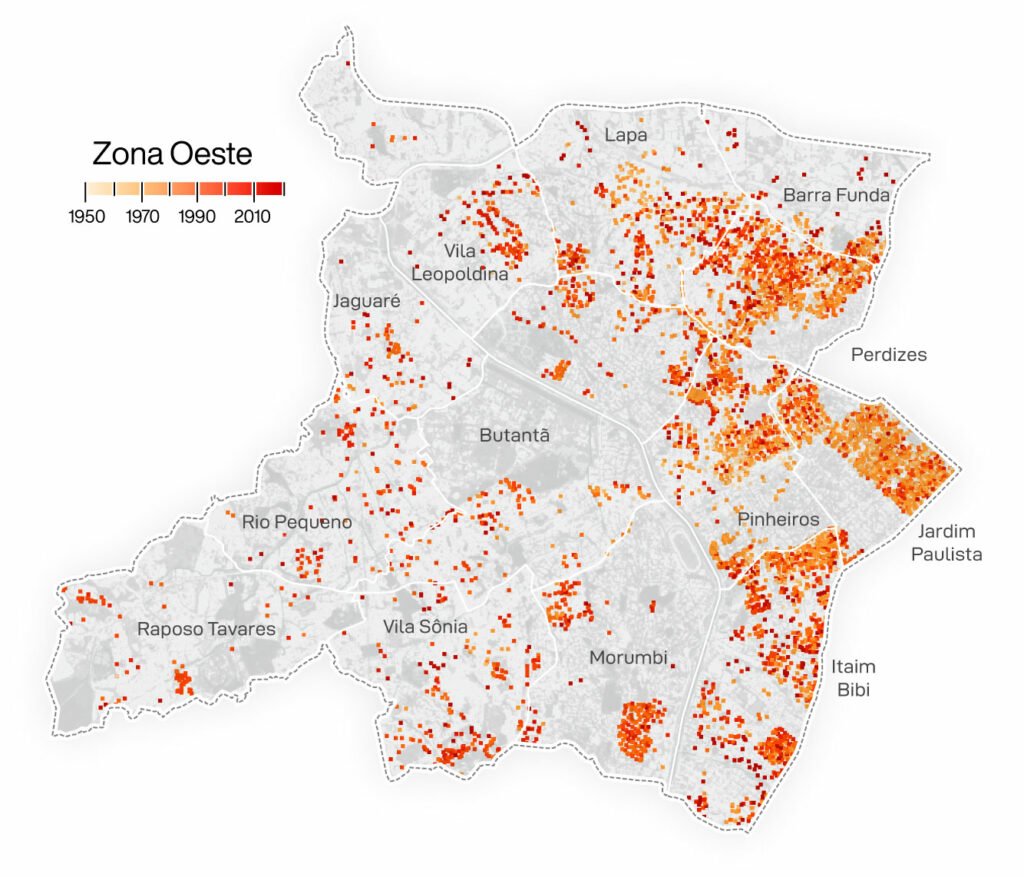 Mapa com ano de construcao dos predios na zona oeste de Sao Paulo