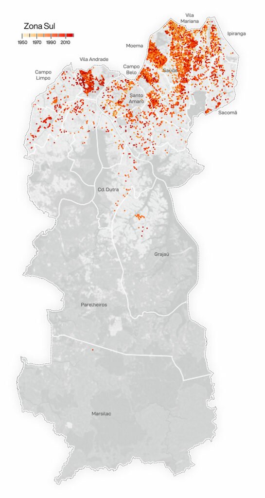 Mapa com o ano de construcao dos predios na zona sul da Sao Paulo