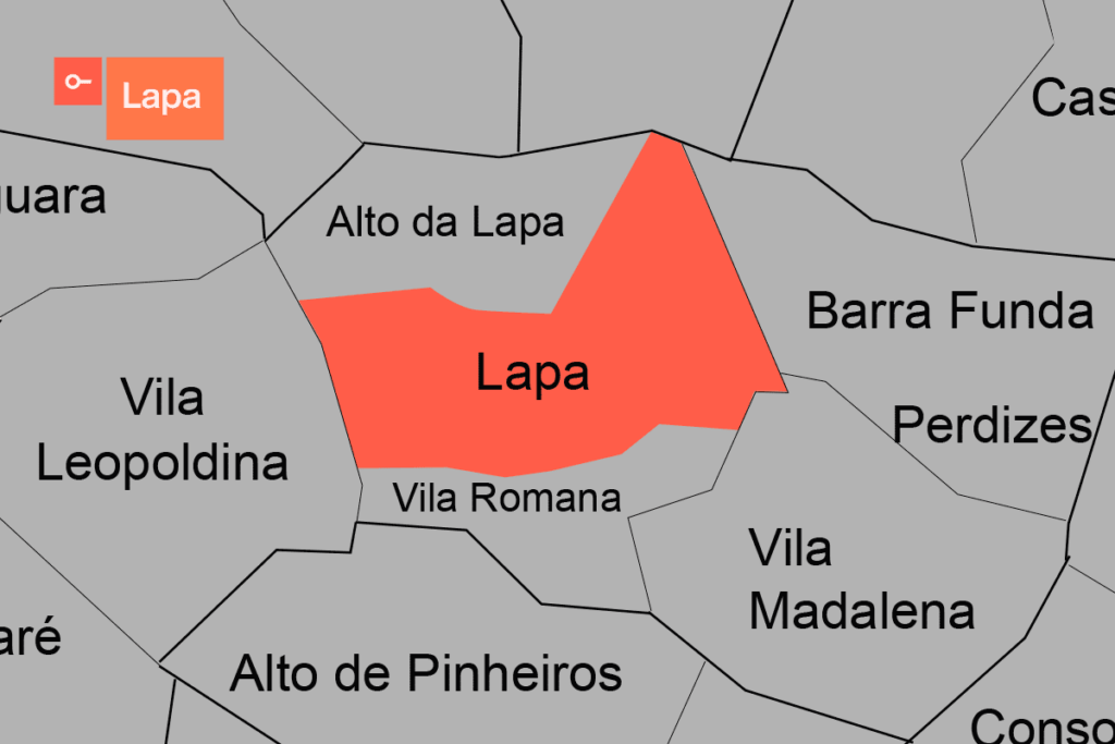 Mapa de localização da Lapa e Alto da Lapa e bairros próximos como Barra Funda, Vila Madalena, Perdizes, entre outros