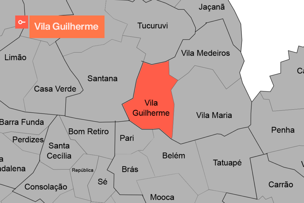 Mapa destaca localização da Vila Guilherme e bairros próximos como Vila Maria, Penha, Santana, entre outros