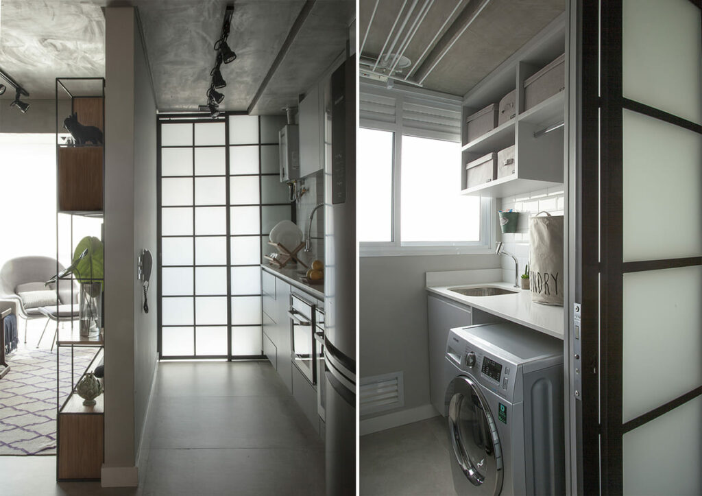 Para separar cozinha e lavanderia, ambas de cores claras e tons de cinza, o arquiteto desenhou uma porta de vidro com serralheria preta.