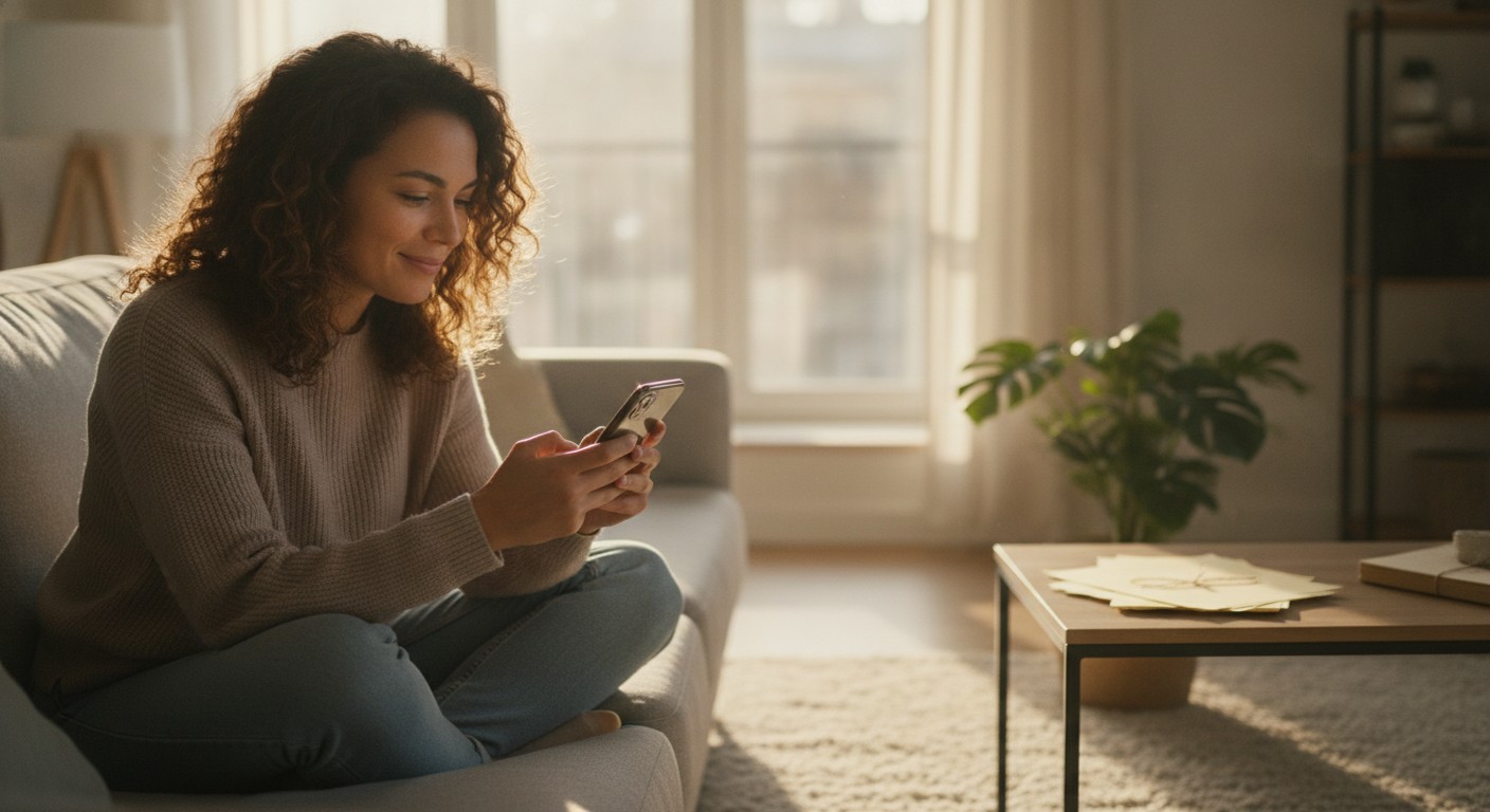 Pessoa sorrindo aliviada olhando o celular no sofá de casa, com documentos em papel ao fundo sem uso
