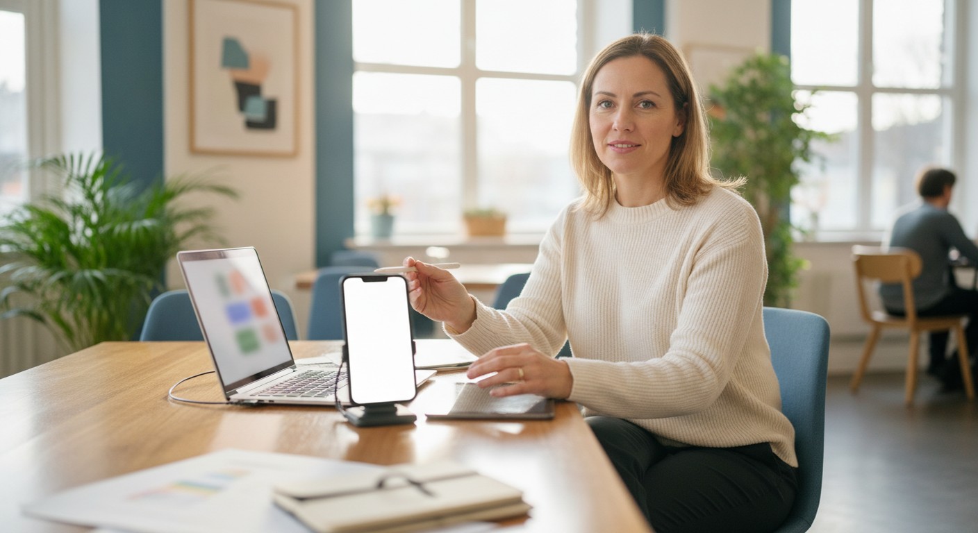 Corretor autônomo trabalhando com laptop e celular em espaço de coworking
