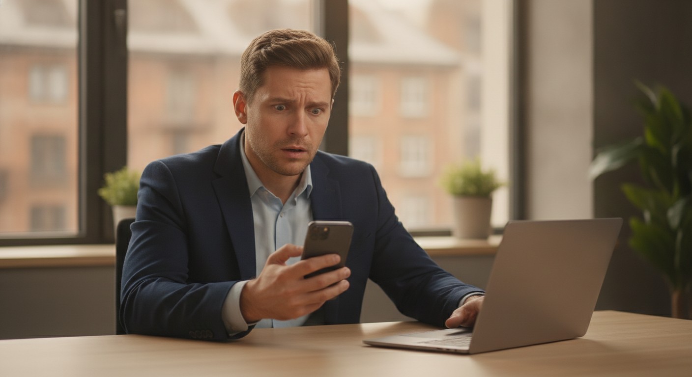 Corretor de imóveis olhando o celular com expressão preocupada, percebendo mensagem perdida de cliente