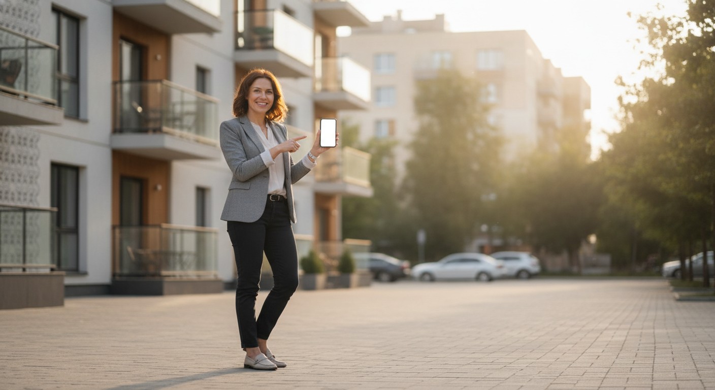 Corretora autônoma sorridente segurando o celular em frente a prédios residenciais