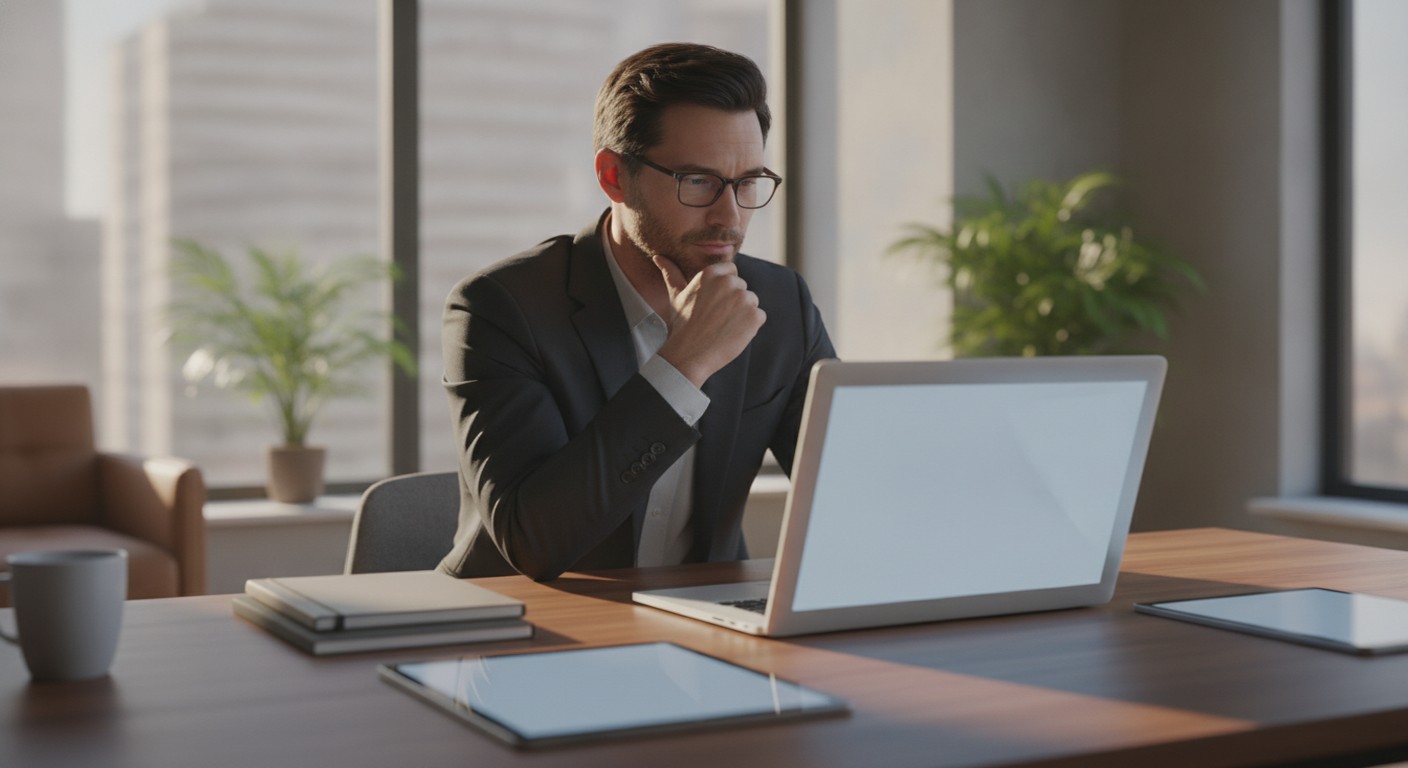 Gestor imobiliário comparando opções de CRM pensativo em frente ao laptop