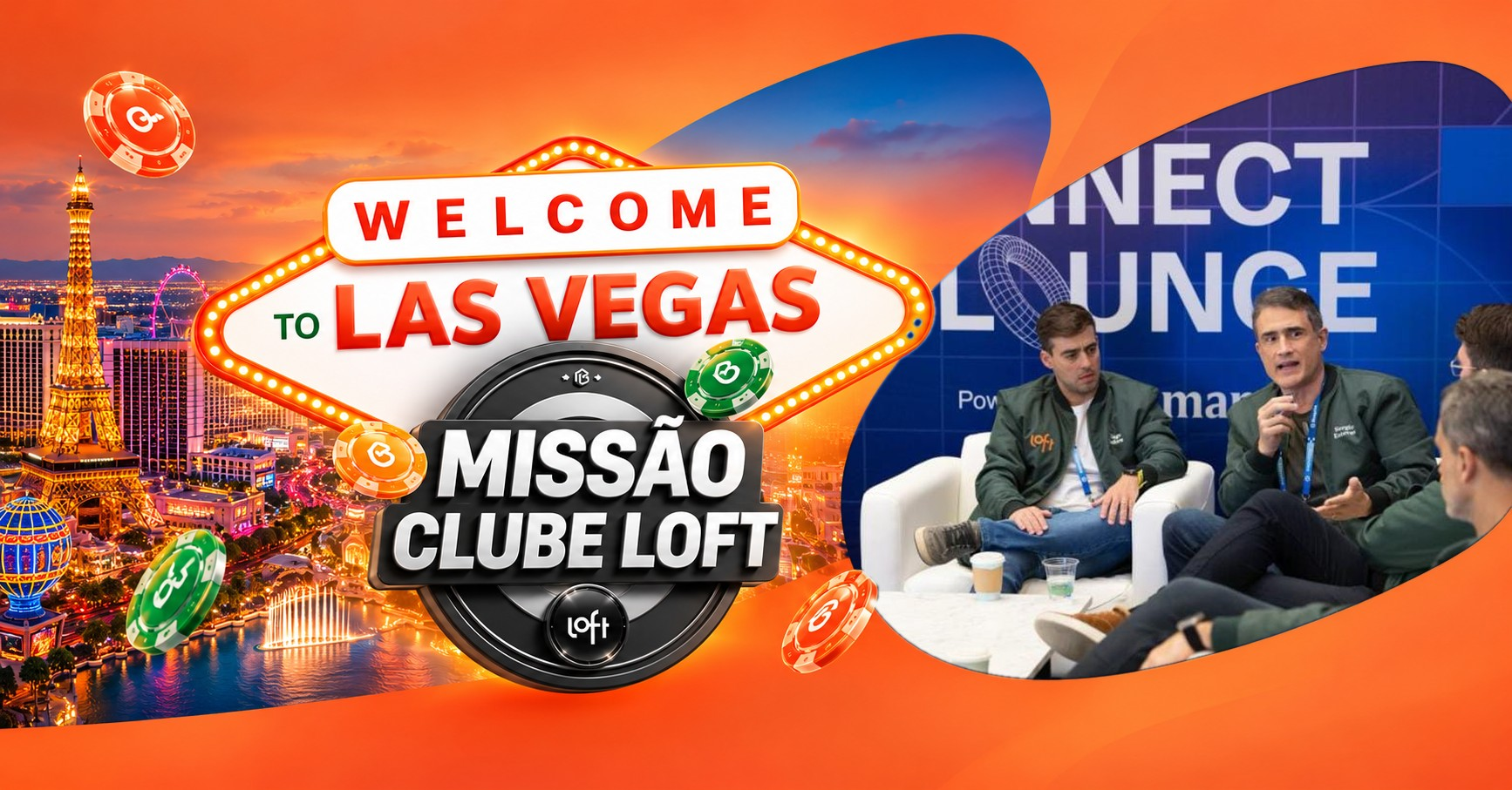 Banner da Missão Clube Loft em Las Vegas, com letreiro de Las Vegas, skyline da cidade, fichas de cassino e imagem de um evento Blueprint.